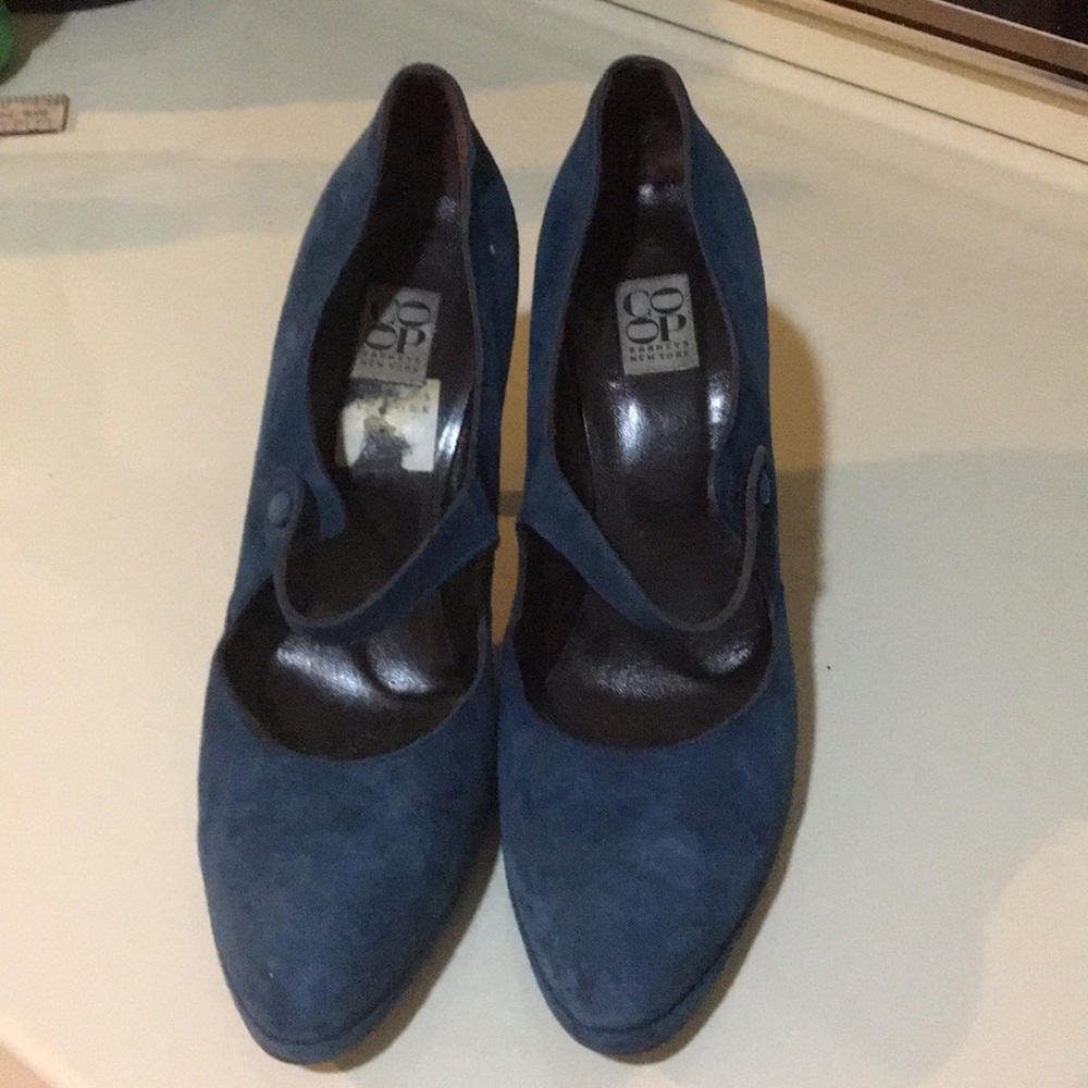 COOP Barney’s New York blue suede Mary Jane heels